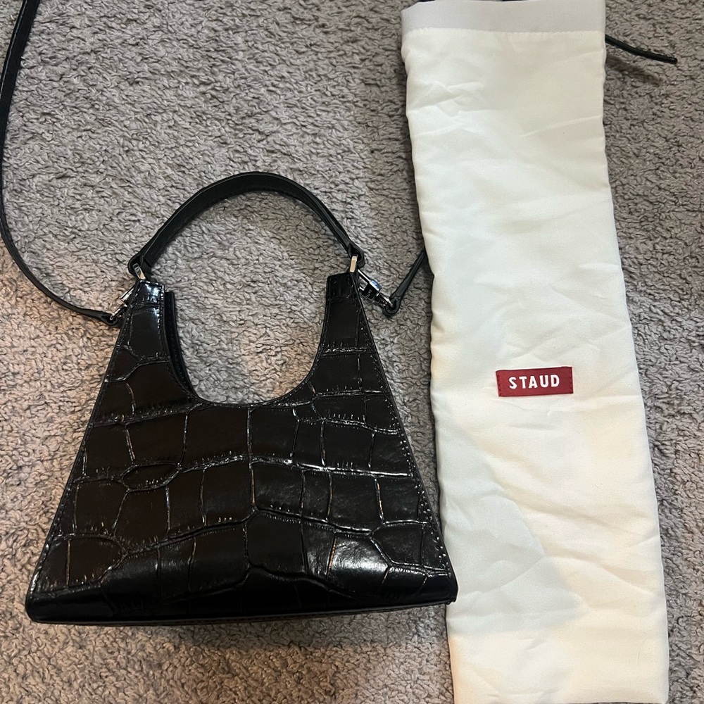 STAUD Rey Black Croc-Embossed Shoulder Bag Mini